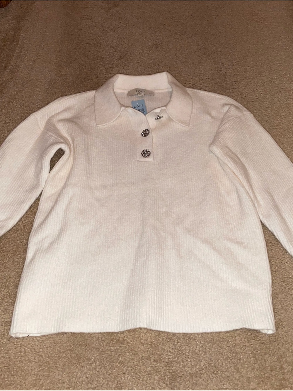 LOFT Cream Ribbed V-Neck Polo Sweater